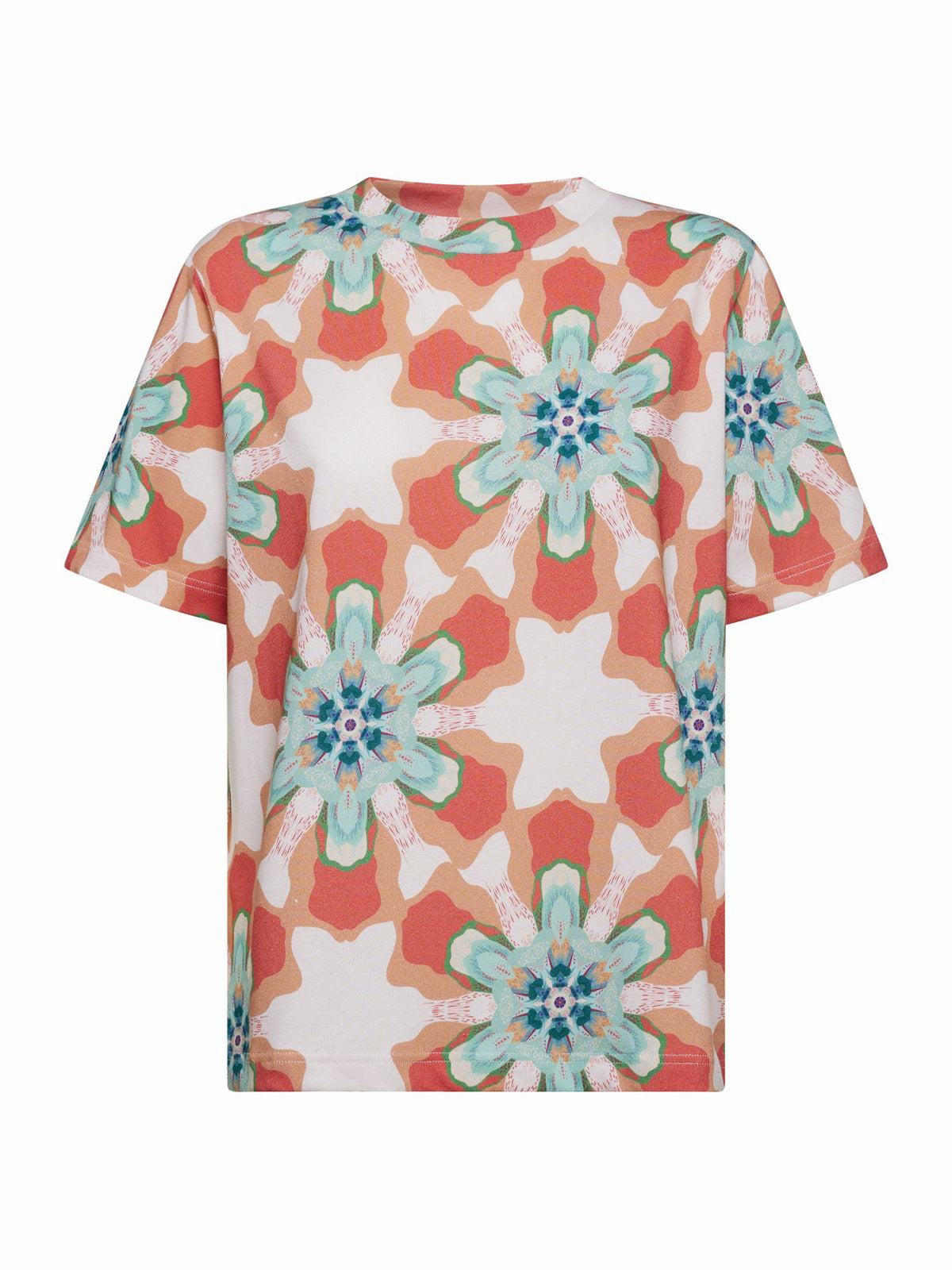 The FRANCO FERRARI PRINT COTTON T-SHIRT combines artistic flair with a colorful geometric star pattern in white, teal, orange, and blue on an orange background, making it ideal for elevated casual wear.