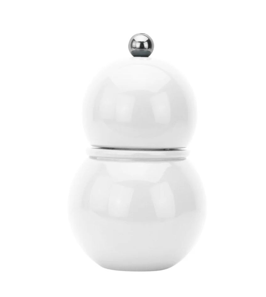 ADDISON ROSS LONDON&#39;s CHUBBIE salt or pepper mills, shaped like colorful gourds, rest on shelves with playful geometric designs. With a ceramic mechanism, these vibrant 12cm pieces stand out against a muted blue background.