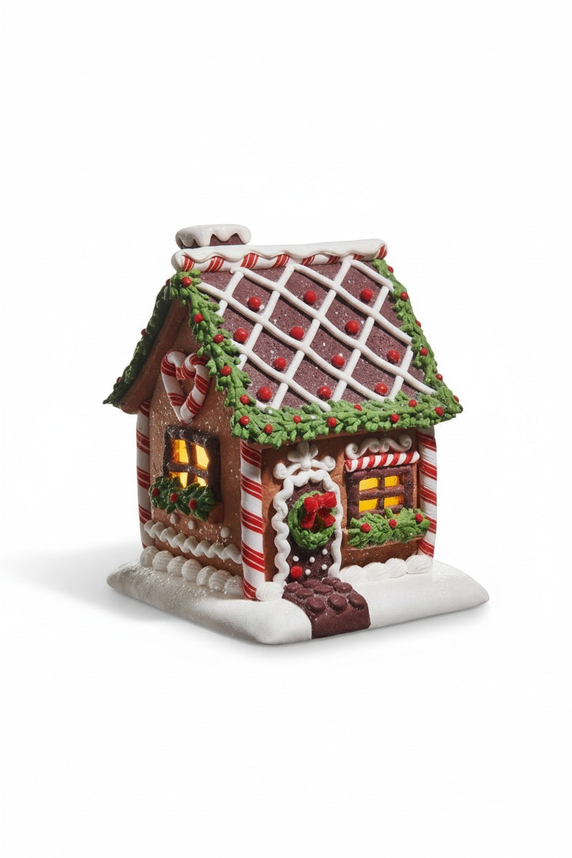 LIGHTED CHOCOLATE GINGERBREAD HOUSE 7″ by RAZ Imports, made of clay dough and decorated with icing, candy canes, and wreaths, featuring a 6-hour timer.