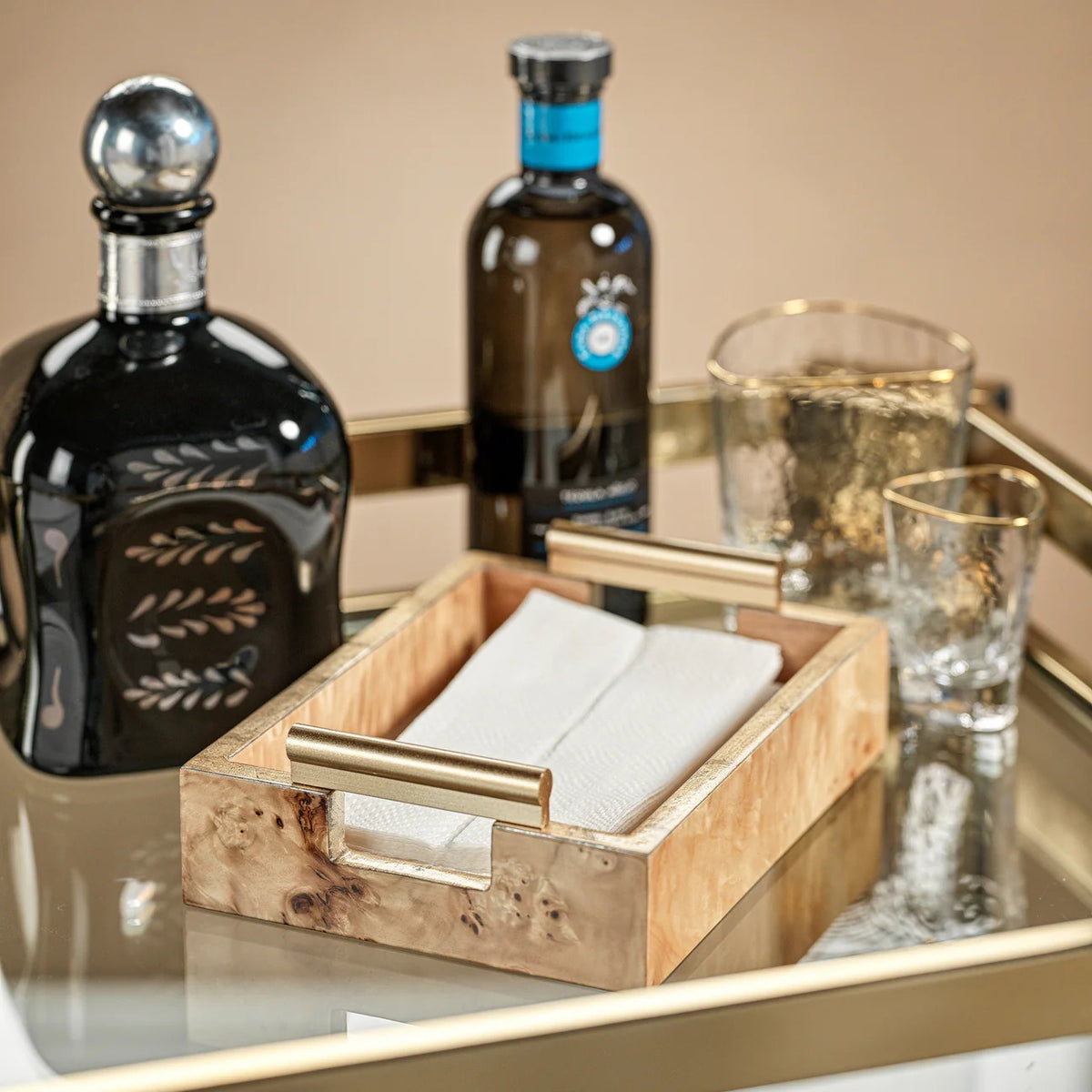 The ZODAX BURL WOOD RECTANGULAR TRAY WITH HANDLES features a glossy MDF finish and dual side handles, shown on a white background.