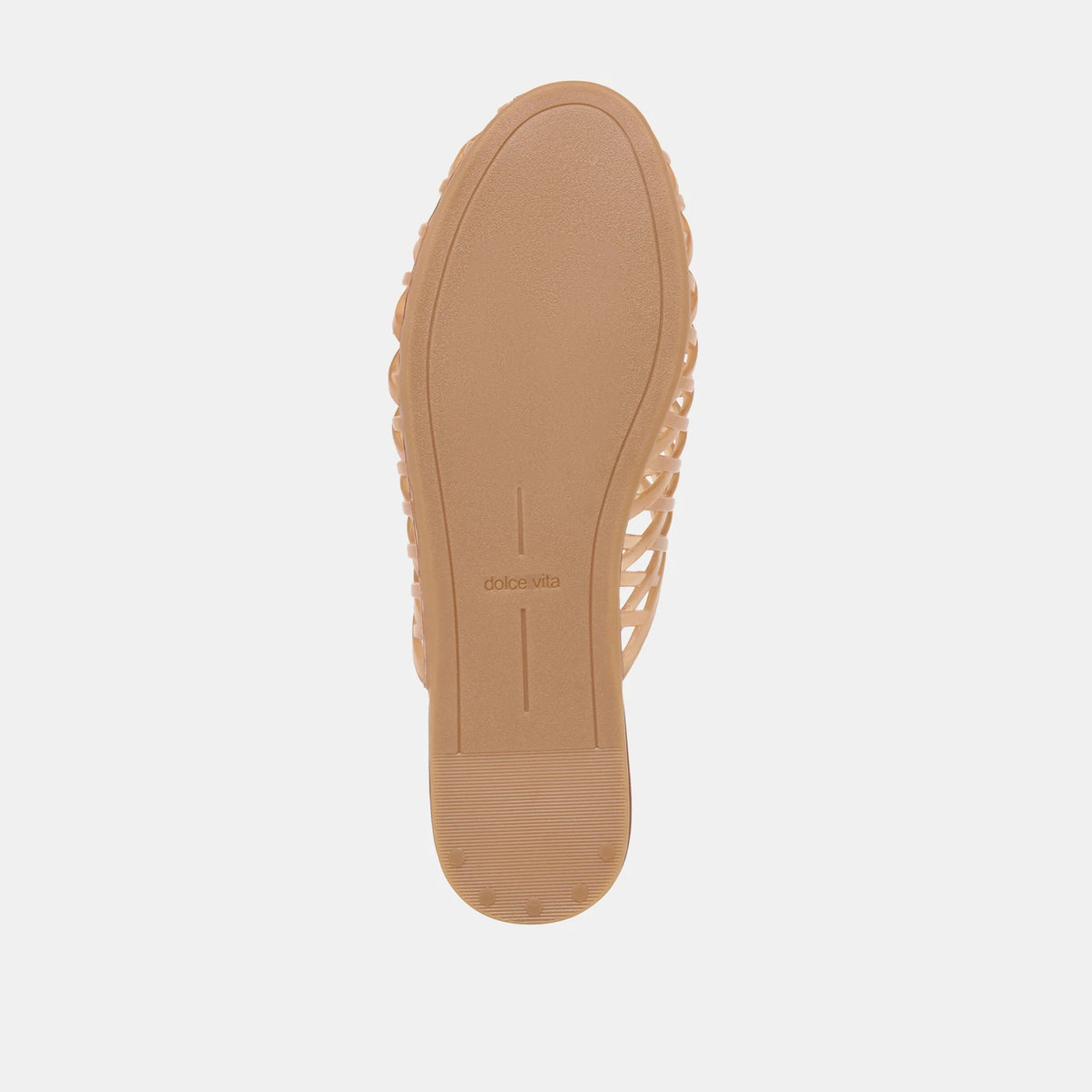 DOLCE VITA - GINNA JELLY FLATS IN WHISKEY featuring a tan jelly flat with a woven, crisscross cage design in a versatile slip-on sandal style.