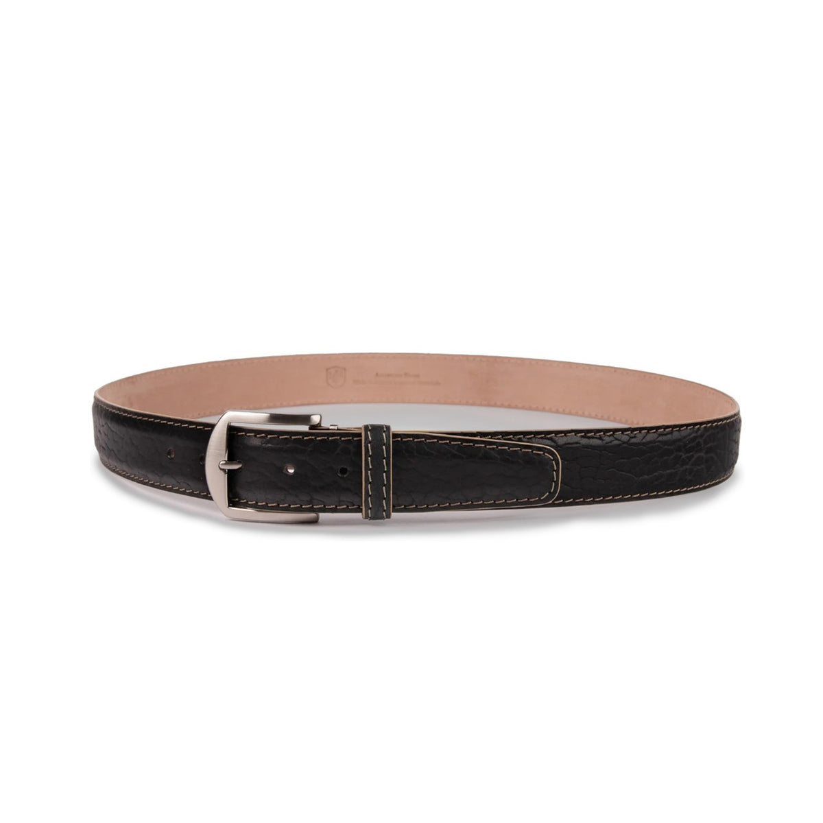 The LEN LIFESTYLE American Bison Belt in Black with Tan features genuine leather, visible tan stitching, and a silver buckle. Handcrafted in the USA, it’s showcased coiled neatly against a white background.