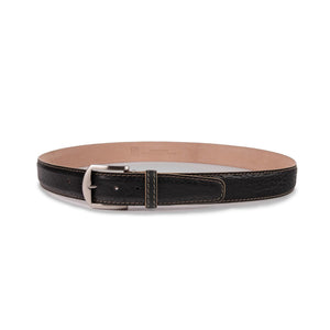 The LEN LIFESTYLE American Bison Belt in Black with Tan features genuine leather, visible tan stitching, and a silver buckle. Handcrafted in the USA, it’s showcased coiled neatly against a white background.