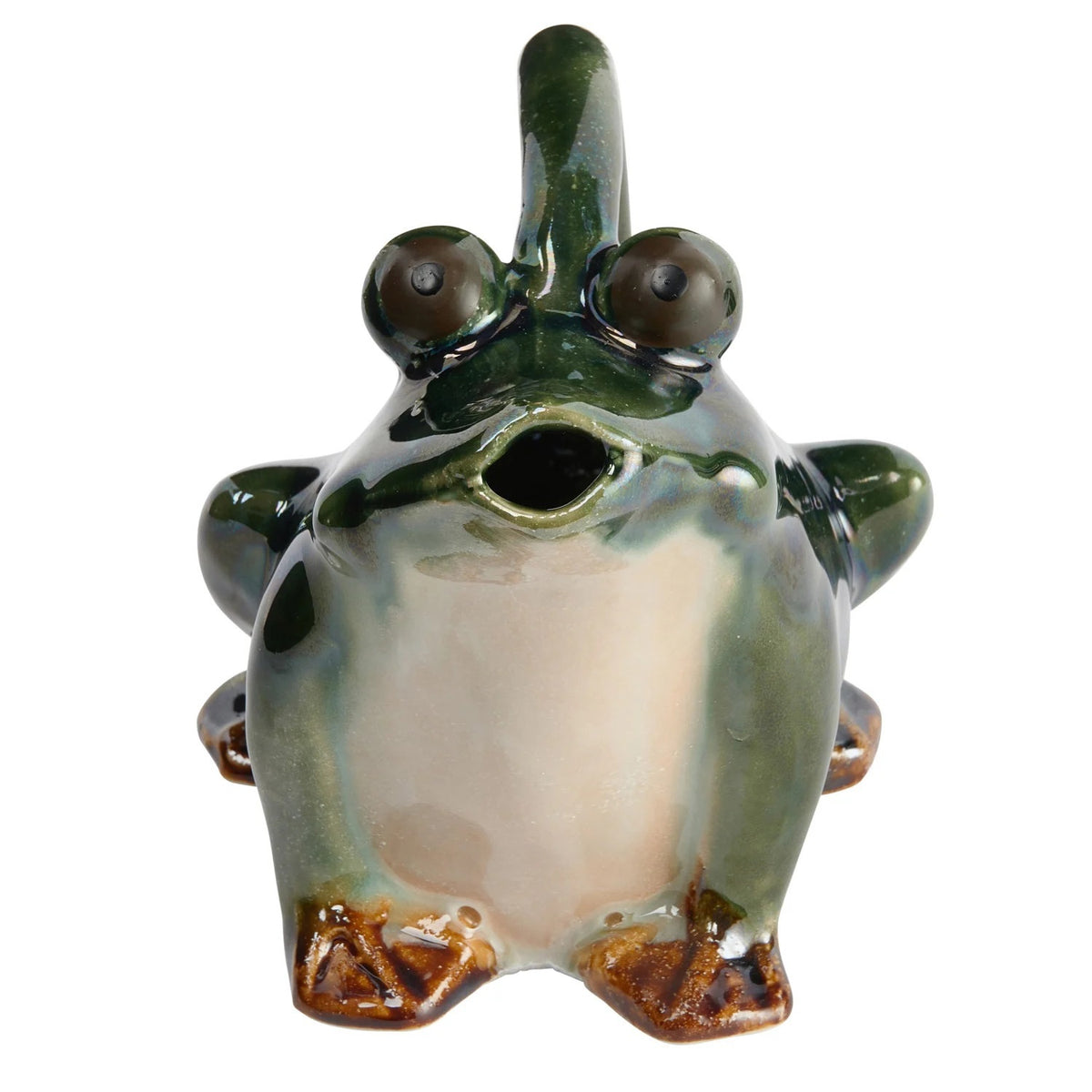 The CREATIVE COOP STONEWARE FROG WATERING PITCHER features a glossy dark green frog shape with brown-accented feet, an arched handle over its back, and a spout at the mouth—ideal as a decorative plant pitcher.