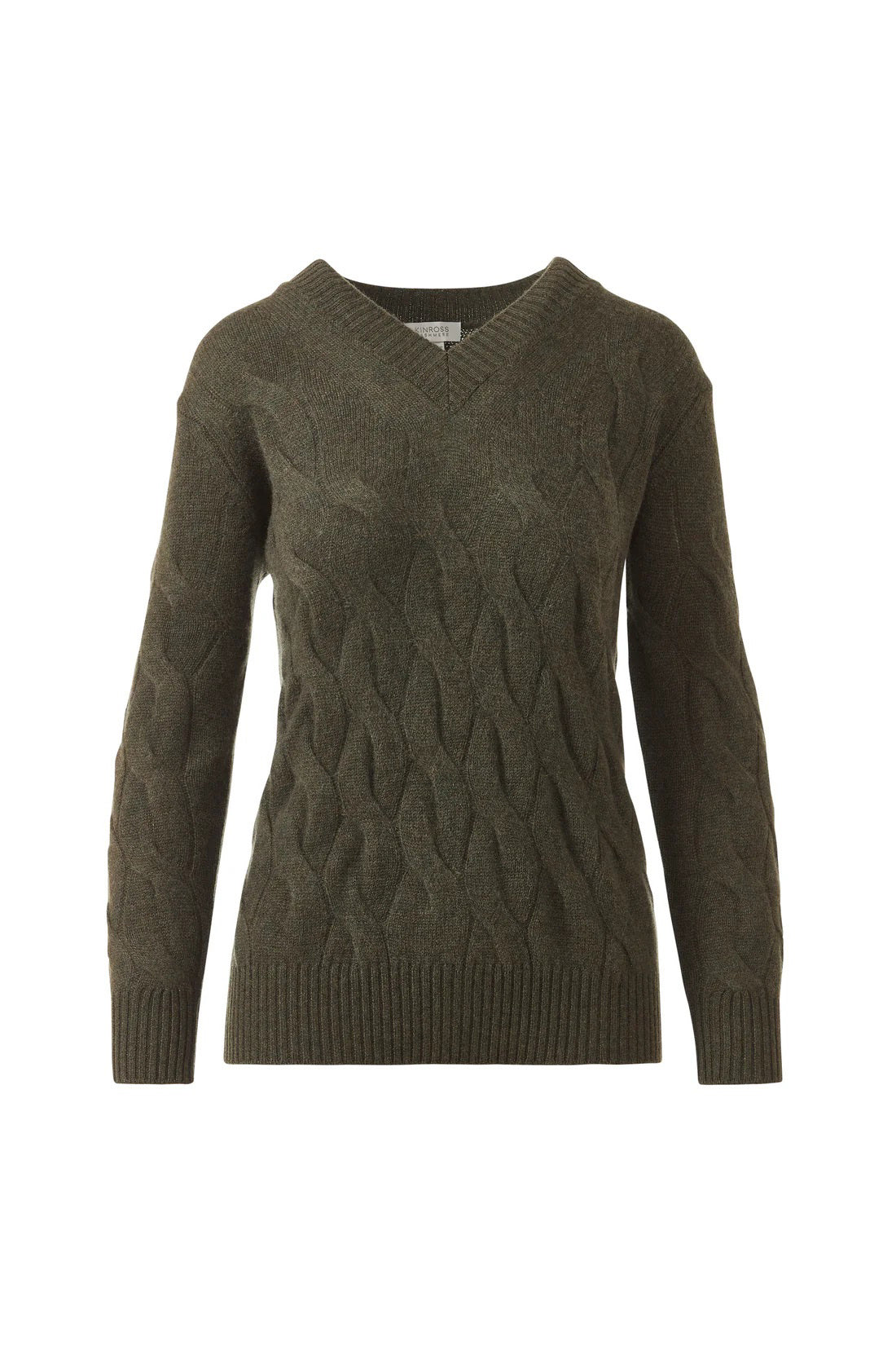 The KINROSS Cashmere Long Cable Vee Neck Sweater in dark green features a textured cable knit, ribbed cuffs and hem, and is crafted from 100% cashmere. Displayed on a plain white background, this luxury knitwear epitomizes elegance.