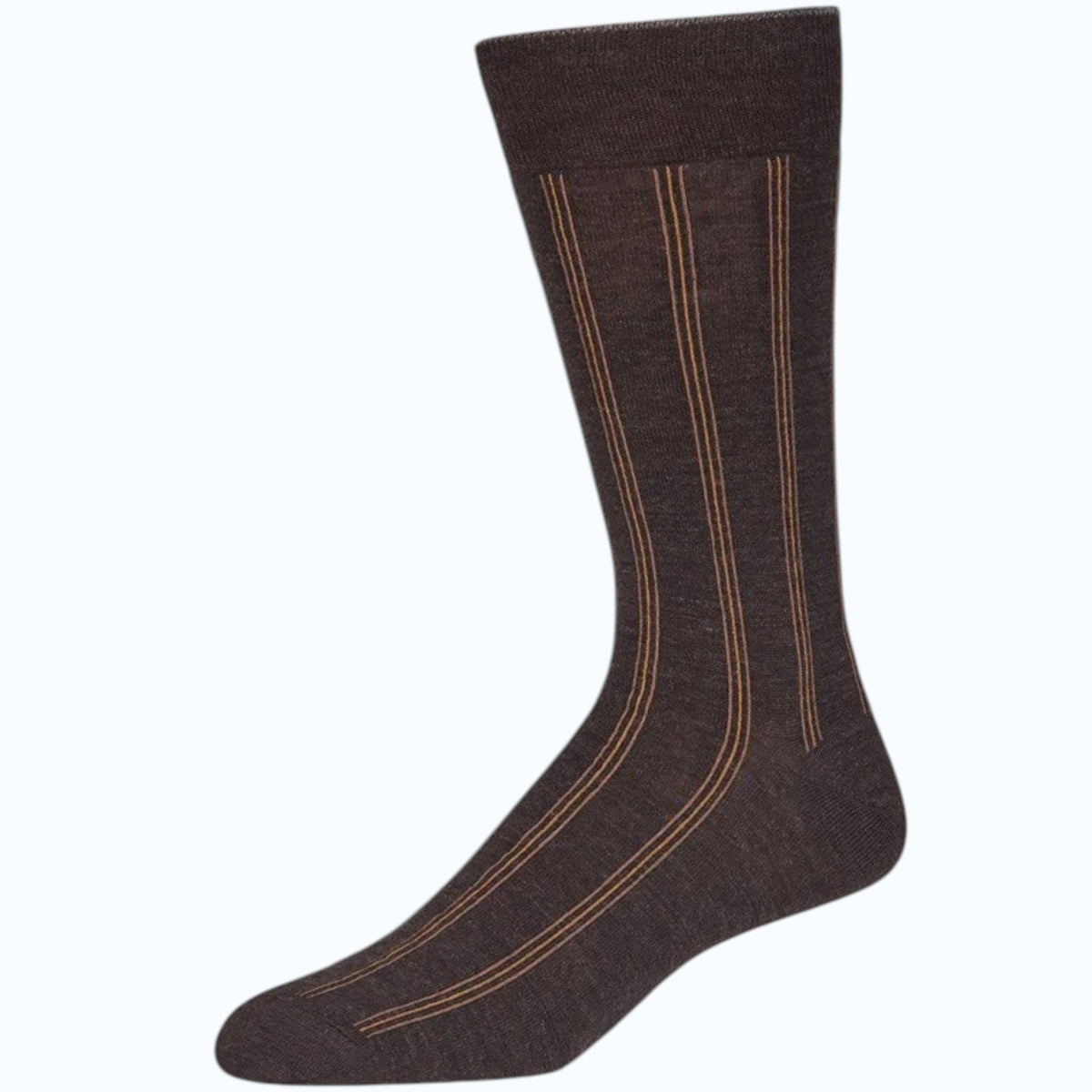The LORENZO UOMO - MERINO WOOL SOCK IN BROWN VERTICAL STRIPE is a single brown dress sock made from fine Italian merino wool, featuring tan and light brown vertical stripes from cuff to toe, shown on a plain light background.
