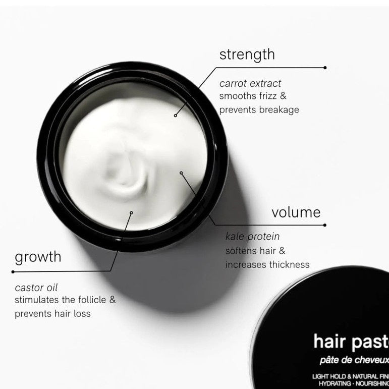 The black JACK HENRY - HAIR PASTE container features "pâte de cheveux" and “jack henry® 16 oz e 50 g” on the lid, offering medium hold, hydrating nourishment, and natural shine for healthy hair growth against a light background.