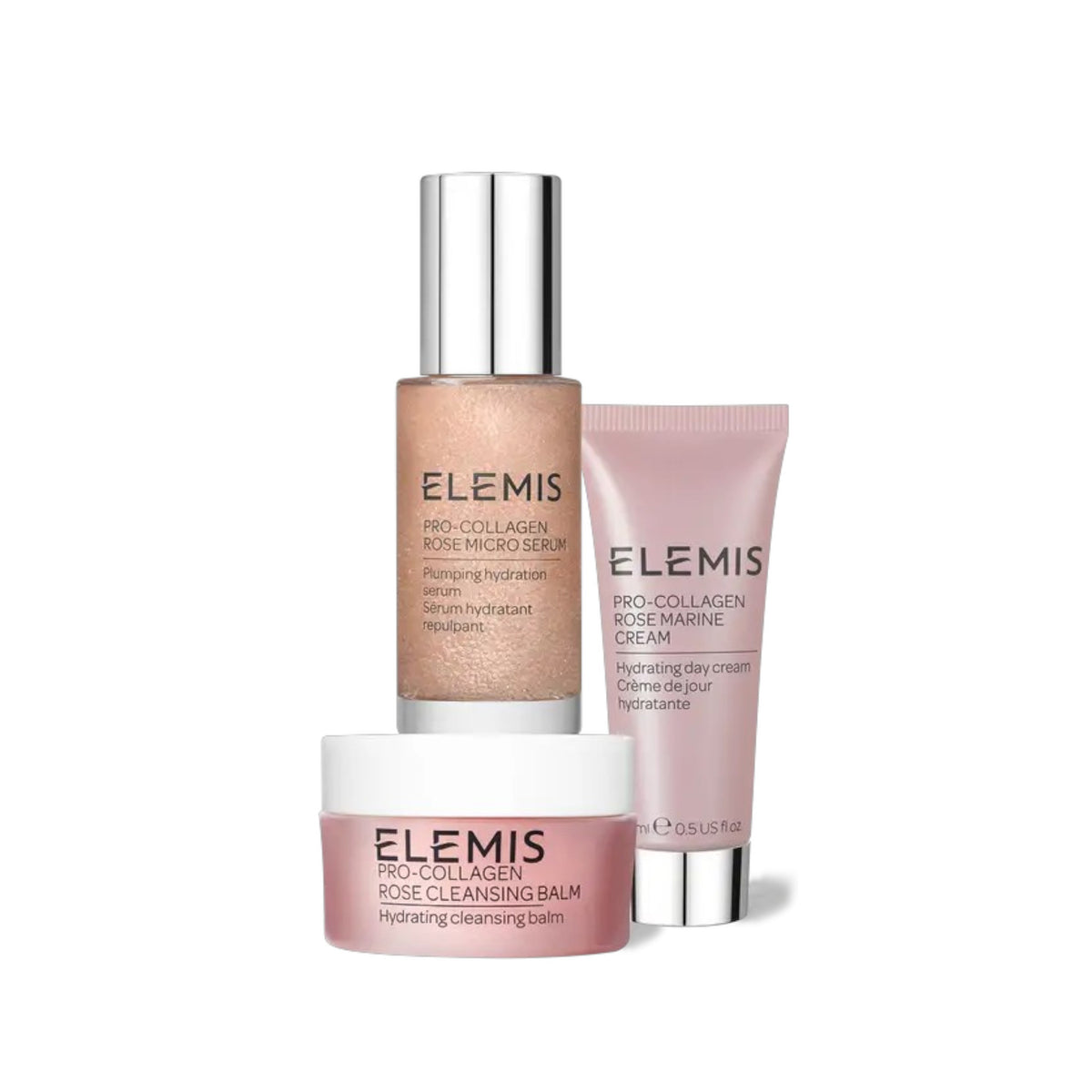 Experience the ELEMIS - PRO COLLAGEN ROSE ICONS GIFT SET by ELEMIS - STEINER, featuring a hydrating serum in a glass bottle with silver cap, Rose Marine Cream in a pink tube, and nourishing Rose Cleansing Balm in a pink jar.