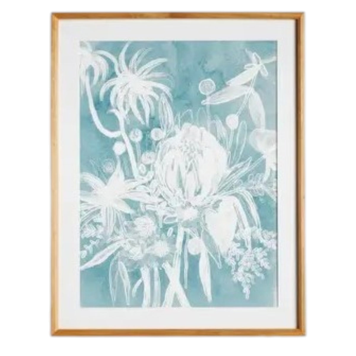 A framed protea abstract print in soft blue by NAPA HOME AND GARDEN, featuring a white floral illustration on a blue background. This botanical wall art is presented in a light wood frame for a fresh, contemporary look—perfect for modern home décor.