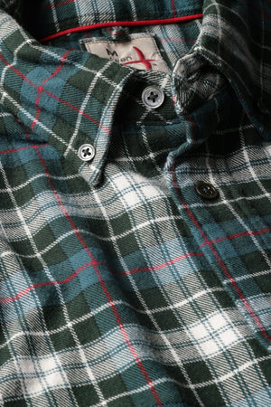 The RELWEN Flyweight Flannel Shirt in Forest Green Plaid is laid flat on a white background. Crafted from lightweight flannel, this soft long-sleeve button-up offers both comfort and style for everyday wear.