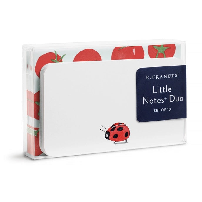 The E. FRANCES - LITTLE NOTES DUO LADYBUG by E. FRANCES PAPER features whimsical, hand-drawn ladybugs on a white background—perfect for Little Notes or gift tags and pairs beautifully with matching envelopes.