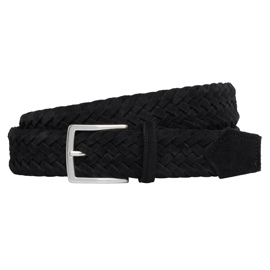 The ATHISON - BRAIDED SUEDE BELT IN BLACK by ATHISON is crafted from premium suede with a black braided design and a silver rectangular buckle, displayed coiled on a white background.