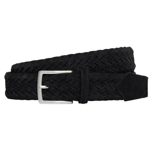The ATHISON - BRAIDED SUEDE BELT IN BLACK by ATHISON is crafted from premium suede with a black braided design and a silver rectangular buckle, displayed coiled on a white background.
