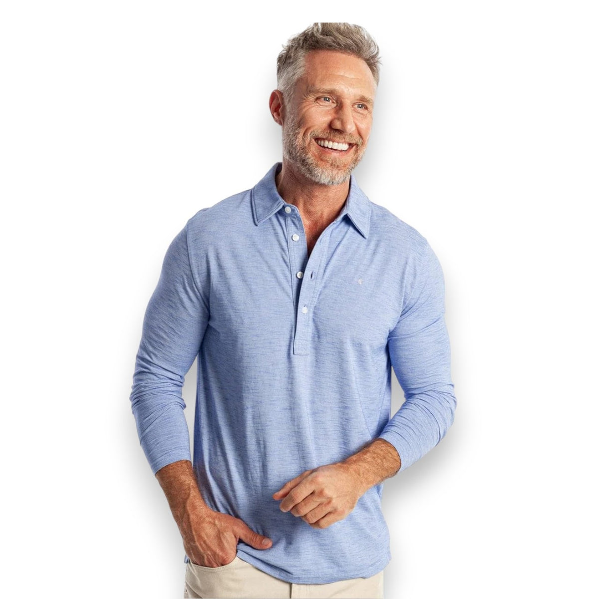 A smiling man with short gray hair and a beard is wearing the CRIQUET - BRRR° Long Sleeve Range Polo in Lapis Blue, standing against a plain white background.