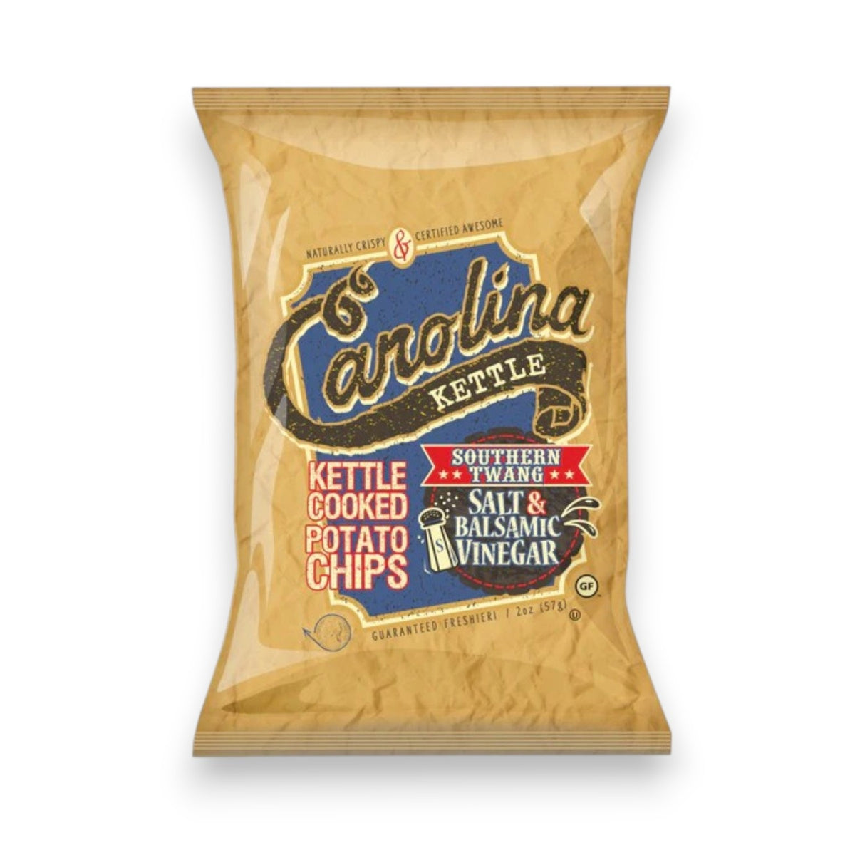 A bag of CAROLINA KETTLE - SALT & BALSAMIC VINEGAR CHIPS by 1 IN 6 SNACKS, with a tan background and decorative text on the packaging. These chips blend gourmet balsamic vinegar and sea salt to create an irresistible Southern-inspired crunch.