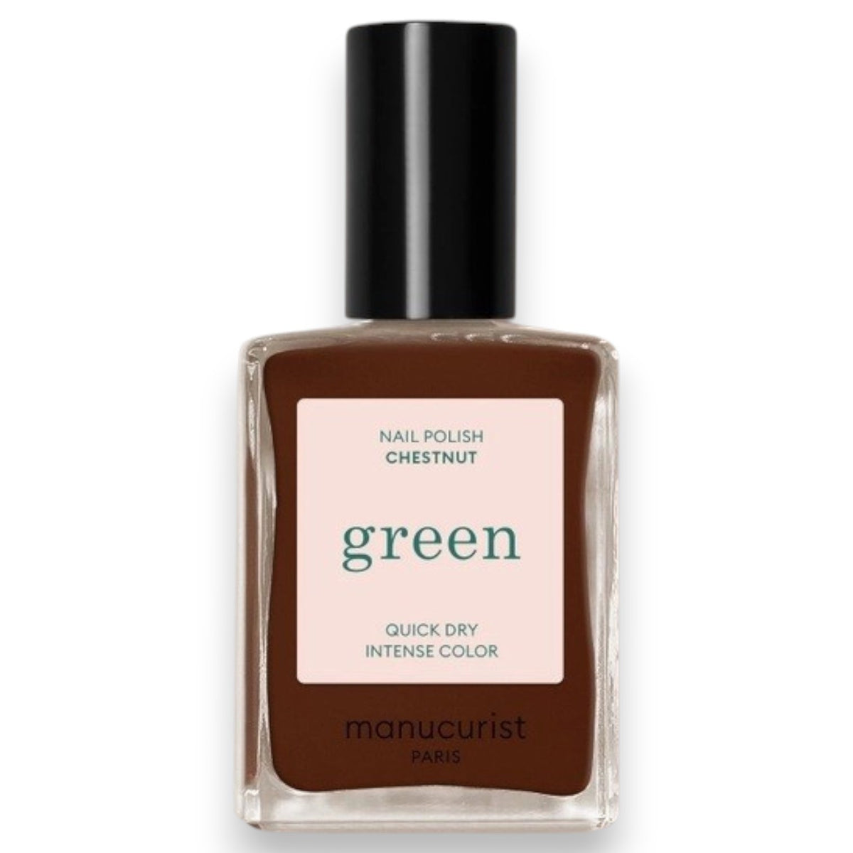 A hand adorned with MANUCURIST - GREEN™ Nail Polish in Chestnut by MANUCURIST INC rests on a wooden table beside a cup of coffee with heart-shaped latte art and a small pastry sprinkled with coarse sugar.