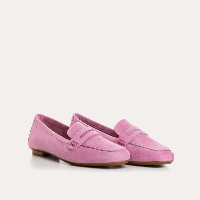Top view of the REQINS - HEMA SUEDE LOAFER IN PINK by REQINS, featuring a square toe, decorative strap, and leather insole, displayed on a light background.