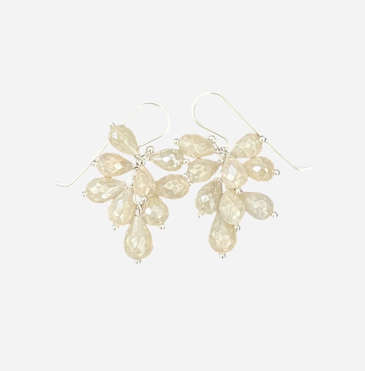 The ANN LIGHTFOOT - Faceted Sillimanite Teardrop Cluster Earrings feature sterling silver and clusters of beige, faceted stones resembling flowers, creating an elegant look against a white backdrop.