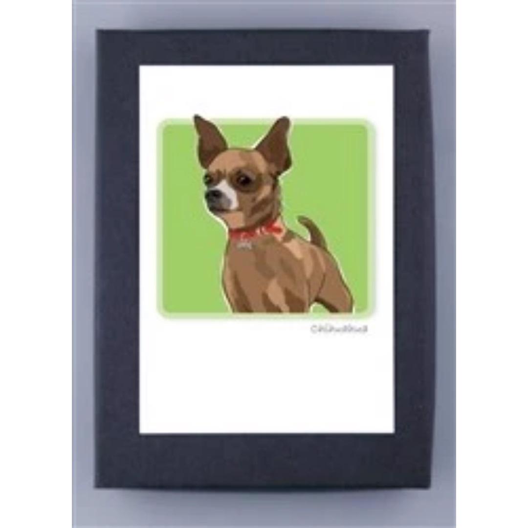 The PAPER RUSSELS - CHIHUAHUA NOTE CARDS by PAPER RUSSELLS feature an illustrated image of a small brown Chihuahua with large ears and a red collar, set against a light green background. The artwork is framed with a black border and printed on premium recycled paper. Made in the USA and certified by the Forest Stewardship Council.