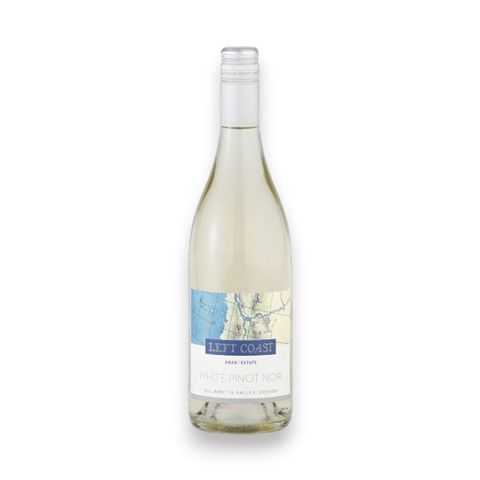 A clear glass bottle of LEFT COAST WHITE PINOT NOIR 2023 by WINE: AMERICAN PREMIUM BEVERAGE, with a light blue and cream label and white screw cap, is displayed against a plain white background.
