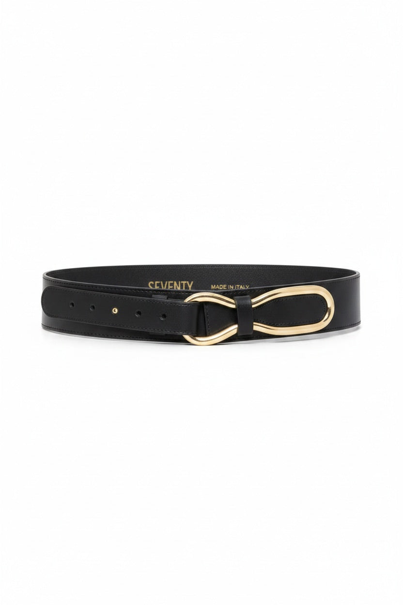 A black washed leather belt featuring a unique, gold abstract-shaped buckle. Expertly handcrafted, the SEVENTY VENEZIA - WASHED LEATHER BELT displays the “SEVENTY” brand name and “Made in Italy” on its inner side, reflecting attention to detail and fine Italian craftsmanship.