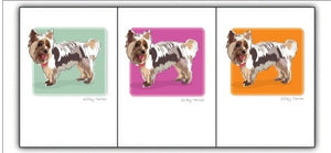 PAPER RUSSELLS - SILKY TERRIER BOX NOTES by PAPER RUSSELLS features a charming illustration of a small, fluffy dog with brown and black fur on a green background. Printed on eco-friendly, FSC certified paper.