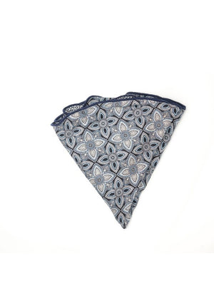 The EDWARD ARMAH - SILK REVERSIBLE POCKET CIRCLE in grey/black quatrefoil by EDWARD ARMAH is displayed folded against a white background.