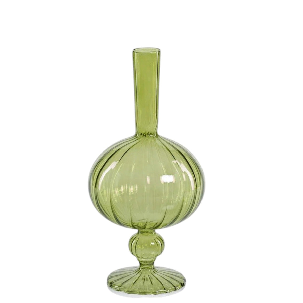 Five uniquely shaped green glass vases, including the striking ZODAX VENETIAN SPIRAL VASE IN GREEN ONION SHAPE (7.5”), are arranged on a reflective tray. Two of the vases display decorative branches with red berries, set against a soft, neutral-colored background.