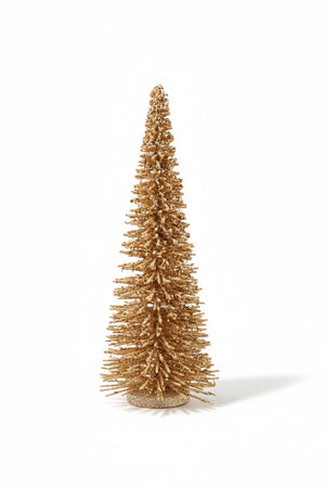 A handcrafted WOOD TREE WITH IRIDESCENT MICA FLAKES in the form of a gold-colored miniature tree covered in sparkling glitter.