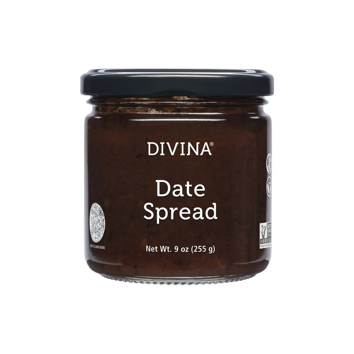 A 9 oz (255 g) jar of DIVINA Date Spread has a black lid and features sundried dates for a rich, fruit-forward flavor. It proudly displays its non-GMO status.