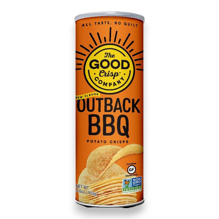 A tall cylindrical canister labeled "THE GOOD CRISP COMPANY - OUTBACK BBQ CHIPS" contains Outback BBQ flavored baked crisps. The orange packaging highlights "All taste, no guilt," and features gluten-free and non-GMO certifications, displaying a stack of BBQ chips at the bottom.