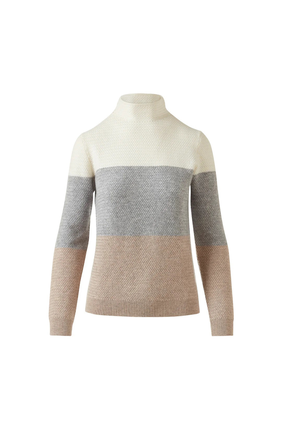 The KINROSS CASHMERE Textured Colorblock Funnel Neck Sweater by KINROSS features a luxurious knit, long sleeves, and a high neck in cream, gray, and light brown tones, shown on a white background.