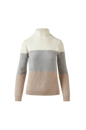 The KINROSS CASHMERE Textured Colorblock Funnel Neck Sweater by KINROSS features a luxurious knit, long sleeves, and a high neck in cream, gray, and light brown tones, shown on a white background.