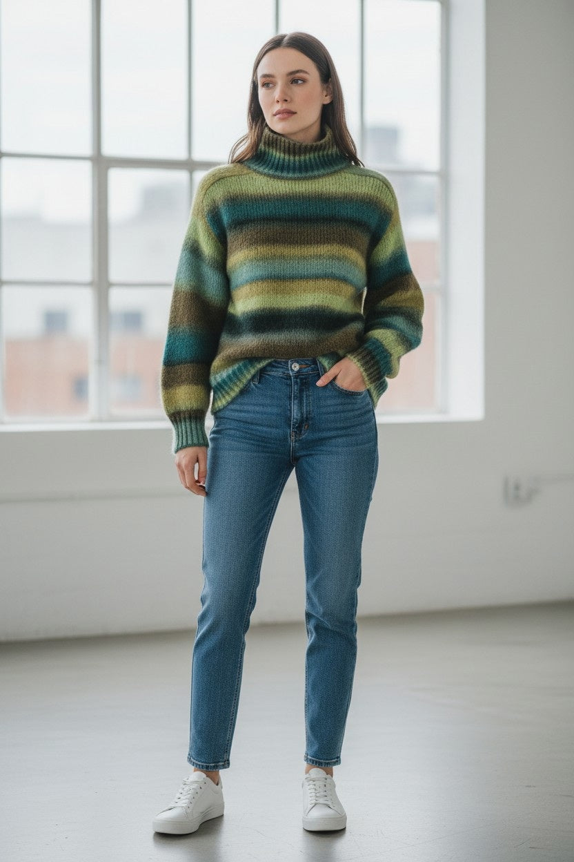 Wearing the FLOOR WOOL FUNNEL NECK SWEATER IN PRINTED YARN from FLOOR, a person stands indoors in blue jeans and white sneakers, with large windows in the background letting in natural light.