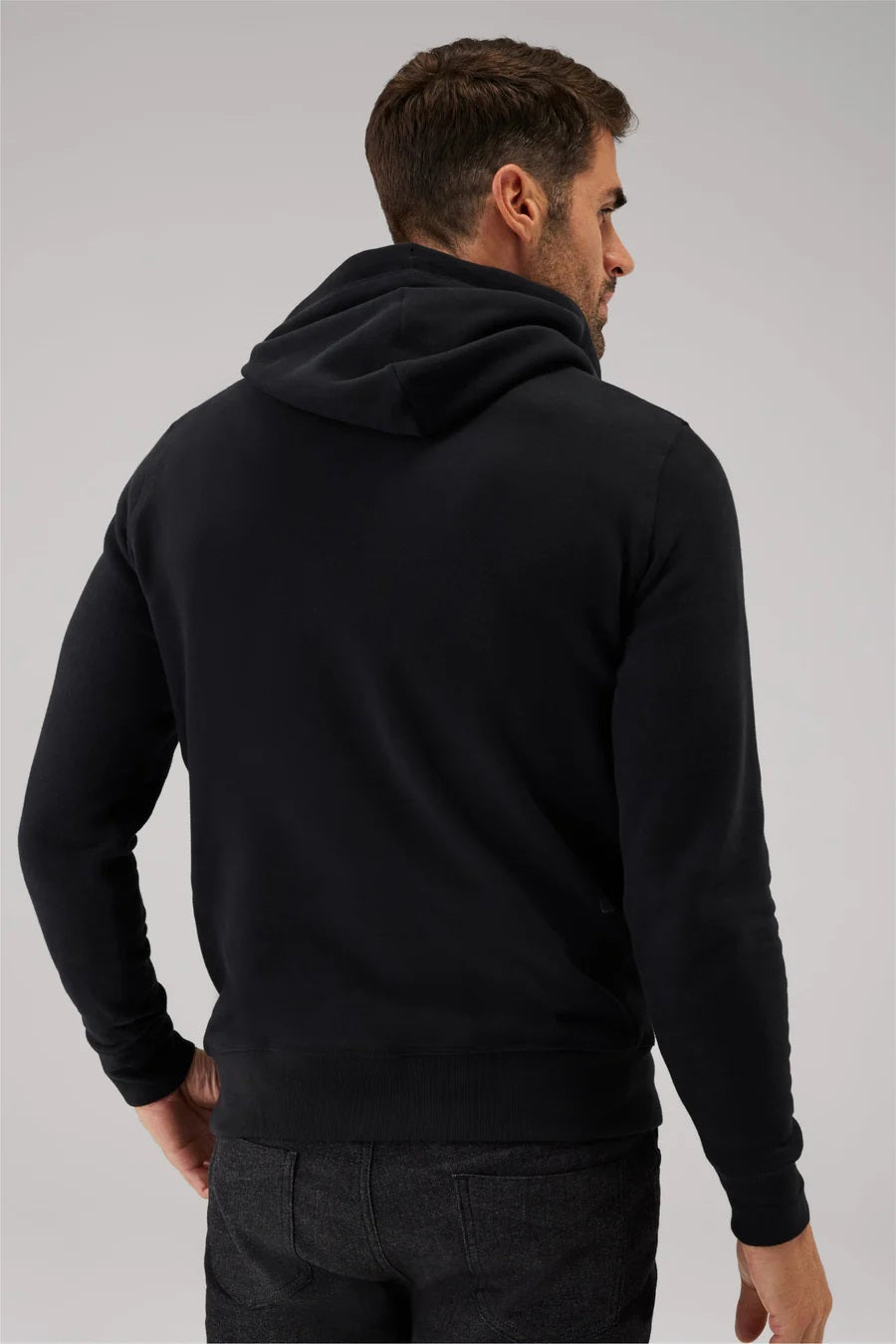 The MACK WELDON Ace Pullover Hooded Sweatshirt in Burnt Sage is a light green French terry hoodie with long sleeves, a front pocket, adjustable drawstrings, and a streamlined fit, shown laid flat on a white background.