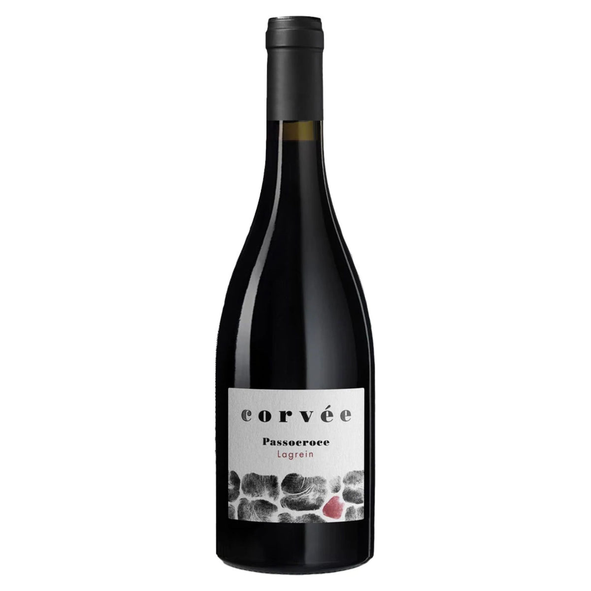 A dark wine bottle with a black cap. The white label reads “CORVEE PASSOCROCE LAGREIN 2020” and features a minimalist stone pattern with one stone colored red, reflecting the unique character of this mountain red wine from Val di Cembra, crafted by WINE: 3 KEYS.