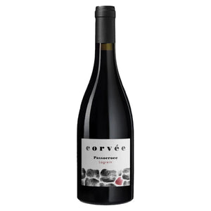 A dark wine bottle with a black cap. The white label reads “CORVEE PASSOCROCE LAGREIN 2020” and features a minimalist stone pattern with one stone colored red, reflecting the unique character of this mountain red wine from Val di Cembra, crafted by WINE: 3 KEYS.