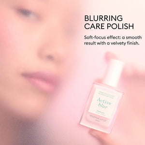 Three close-up photos of a fingernail: first, bare; second, after one coat of MANUCURIST - ACTIVE™ BLUR TREATMENT POLISH in a powder-pink shade (appearing slightly shinier); and third, after two coats (showing even glossier and smoother results). Each stage is clearly labeled to highlight the transformation, perfect for fans of MANUCURIST INC vegan nail care solutions.