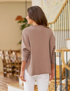 The FRANK AND EILEEN - ANNE LONG SLEEVE CAPELET is a light brown, 100% cotton crewneck sweatshirt with ribbed cuffs and hem, featuring an interior FRANK & EILEEN label. Shown laid flat on a white background.