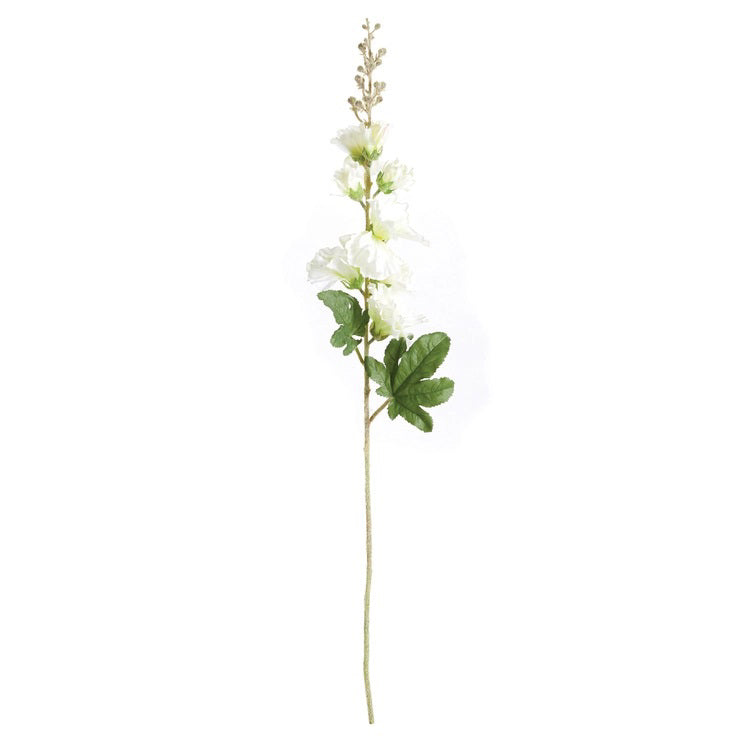 The NAPA HOME AND GARDEN - HOLLYHOCK STEM 36 is a tall, realistic artificial plant with white flowers and green leaves perfect for home decor. Arranged elegantly with unopened buds at the top, it adds a refined touch to any space against a white background.