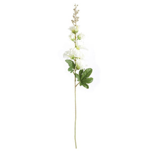 The NAPA HOME AND GARDEN - HOLLYHOCK STEM 36 is a tall, realistic artificial plant with white flowers and green leaves perfect for home decor. Arranged elegantly with unopened buds at the top, it adds a refined touch to any space against a white background.