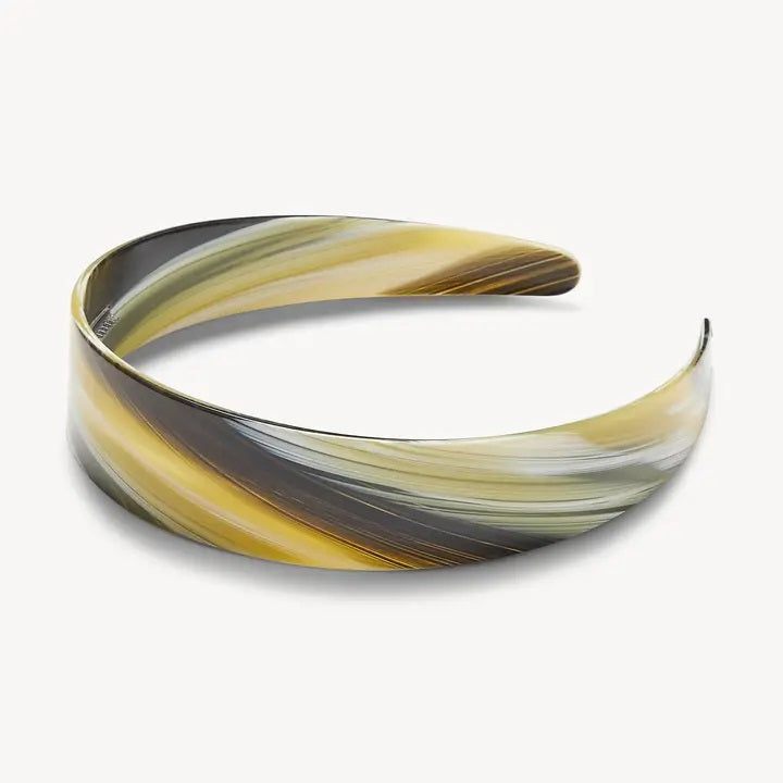 The MACHETE - WIDE HEADBAND IN HORN by MACHETE is lightweight and comfortable, showcasing a marbled pattern in yellow, gray, white, and black tones. Expertly crafted from premium Italian acetate, it is elegantly displayed on a plain white background.