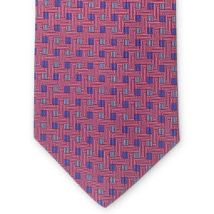 The BIRD DOG BAY PETER-BLAIR - BESPOKE SMALL SQUARES SILK TIE IN PINK is a handmade New York tie featuring a pink woven silk with repeating blue and purple squares on a white background.