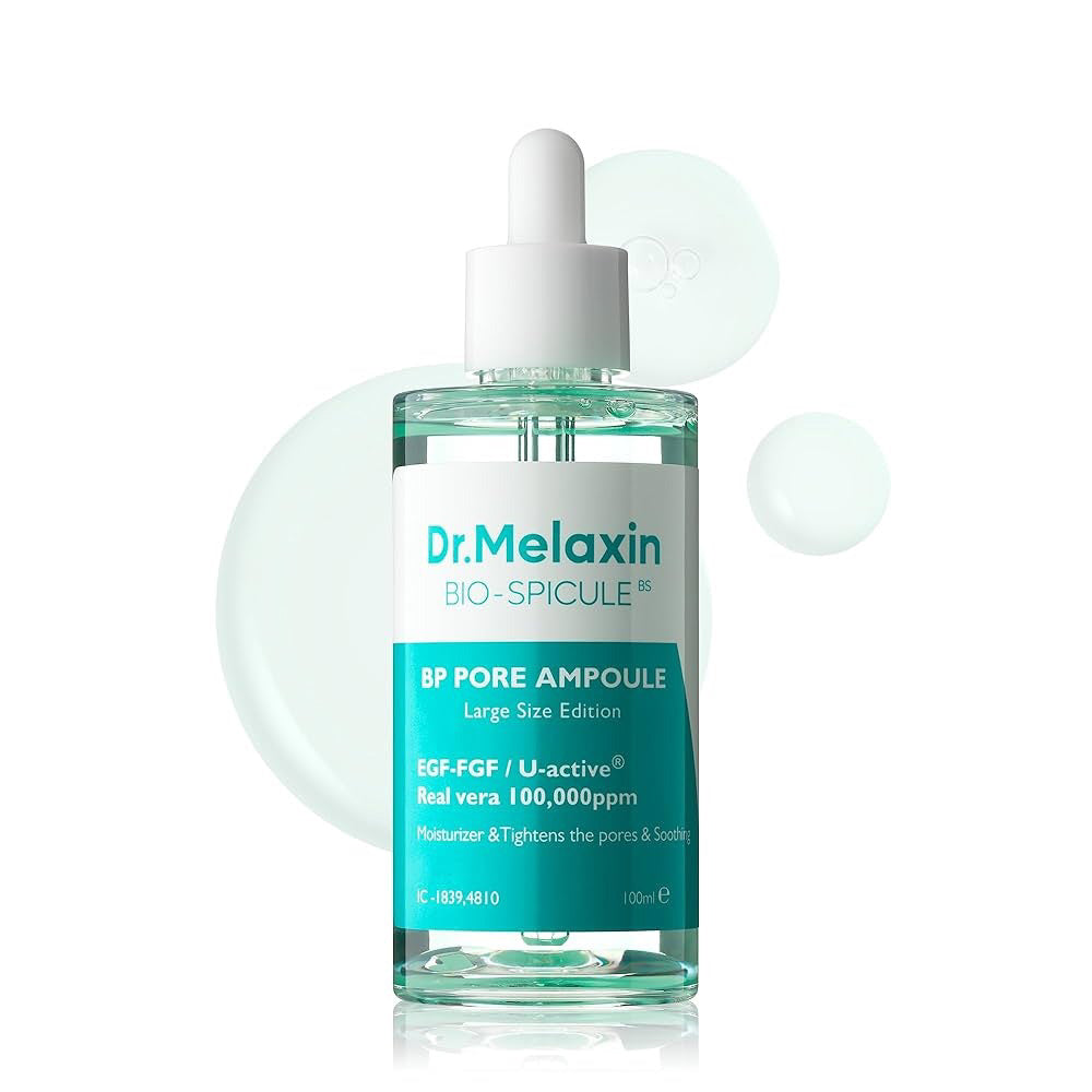 A clear dropper bottle labeled &quot;DR MELAXIN - BP PORE AMPOULE&quot; by KOSMIC KBEAUTY SKINCARE, featuring blue and white text and 100ml of product, highlights advanced Korean skincare with bio-spicule technology.