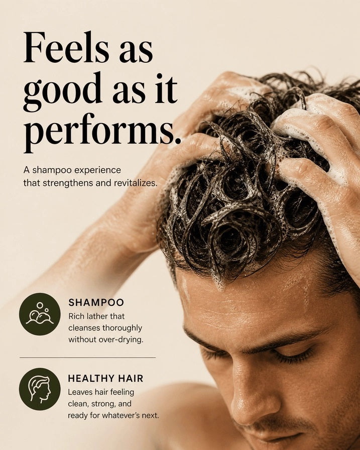 A sandalwood-inspired graphic features the HYGIENELAB - SHAMPOO, SANDALWOOD by HYGIENELAB, with text highlighting its essential oils, botanical extracts, and clean ingredients. The design includes smooth stones, sandalwood sticks, and leaves on a neutral background, complemented by icons and descriptive headings to showcase the benefits of this natural shampoo and sulfate-free formula.