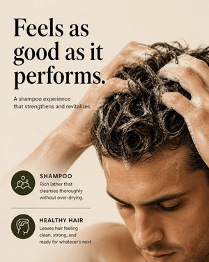 A sandalwood-inspired graphic features the HYGIENELAB - SHAMPOO, SANDALWOOD by HYGIENELAB, with text highlighting its essential oils, botanical extracts, and clean ingredients. The design includes smooth stones, sandalwood sticks, and leaves on a neutral background, complemented by icons and descriptive headings to showcase the benefits of this natural shampoo and sulfate-free formula.