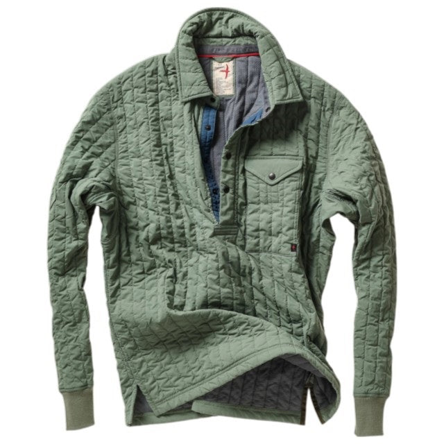 The RELWEN Polo-Jack in Muted Olive, a long-sleeve quilted technical popover featuring a chest pocket, buttoned collar, and cuffs, is shown laying flat on a white background.