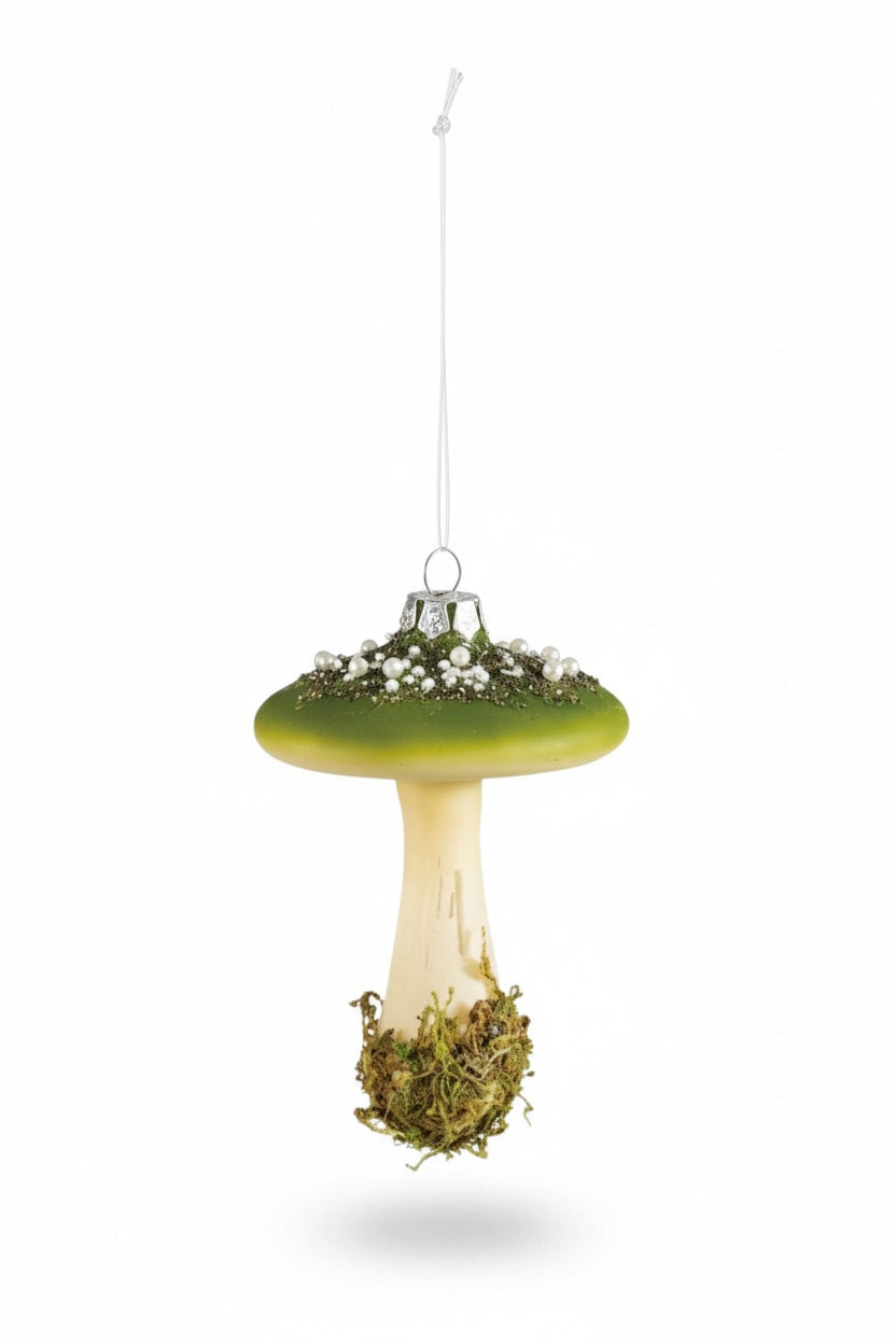 Creative Coop MUSHROOM ORNAMENT featuring a glittery green cap decorated with beads and moss at the base of the stem.