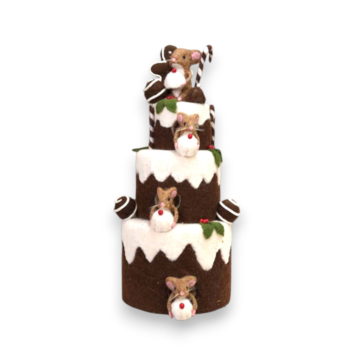 The CREATIVE COOP HANDMADE 3 TIER CAKE features felt mice and gingerbread cookies on each layer, set against a white background.