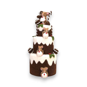 The CREATIVE COOP HANDMADE 3 TIER CAKE features felt mice and gingerbread cookies on each layer, set against a white background.